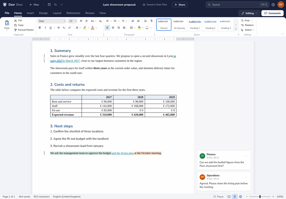A proposal in Dazr Docs with All Markup on: a tracked change in the summary and two comments in the margin