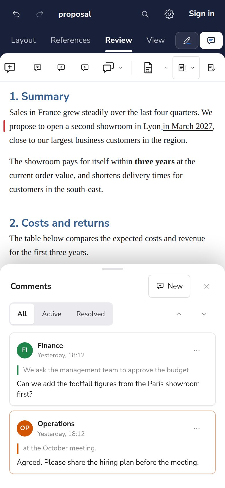 Dazr Docs on a phone: the list of comments