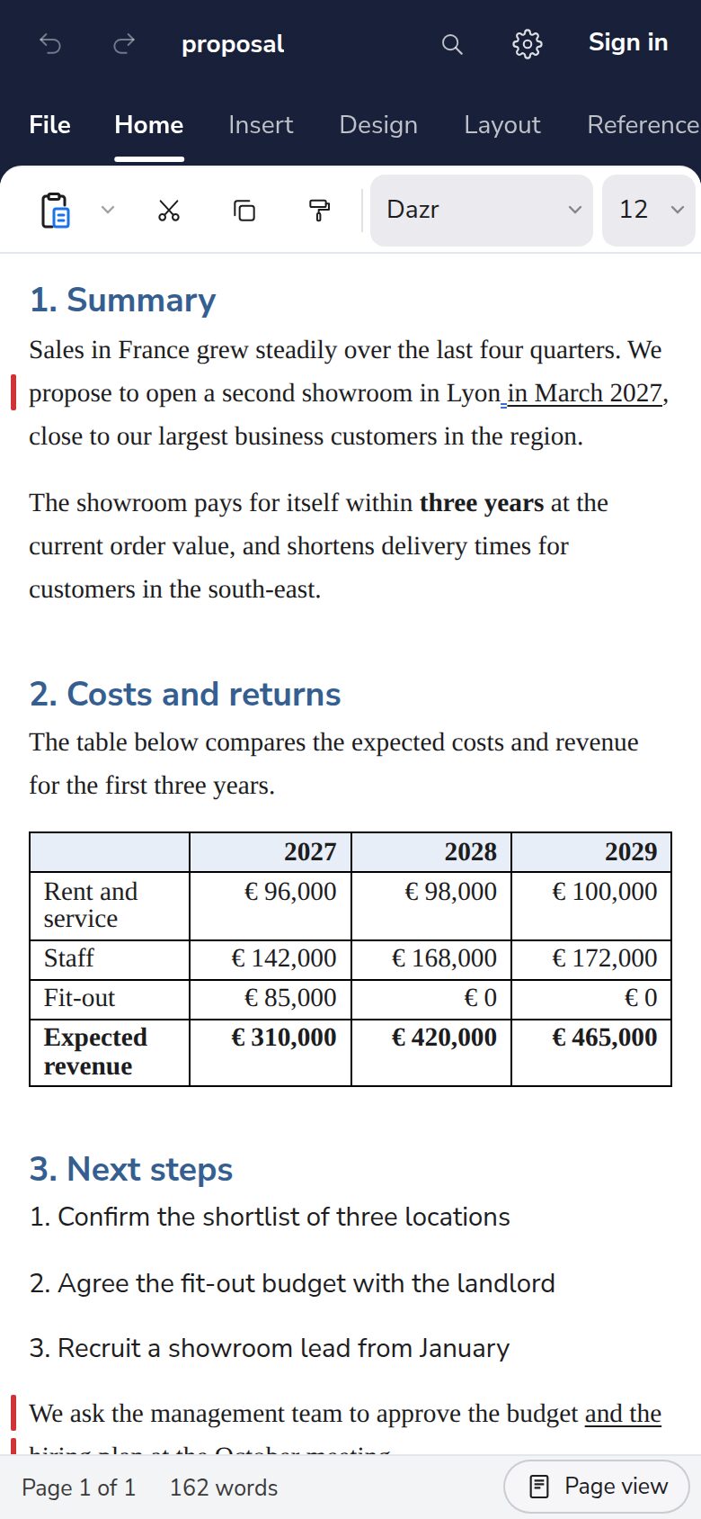 Dazr Docs on a phone: the proposal with a tracked change