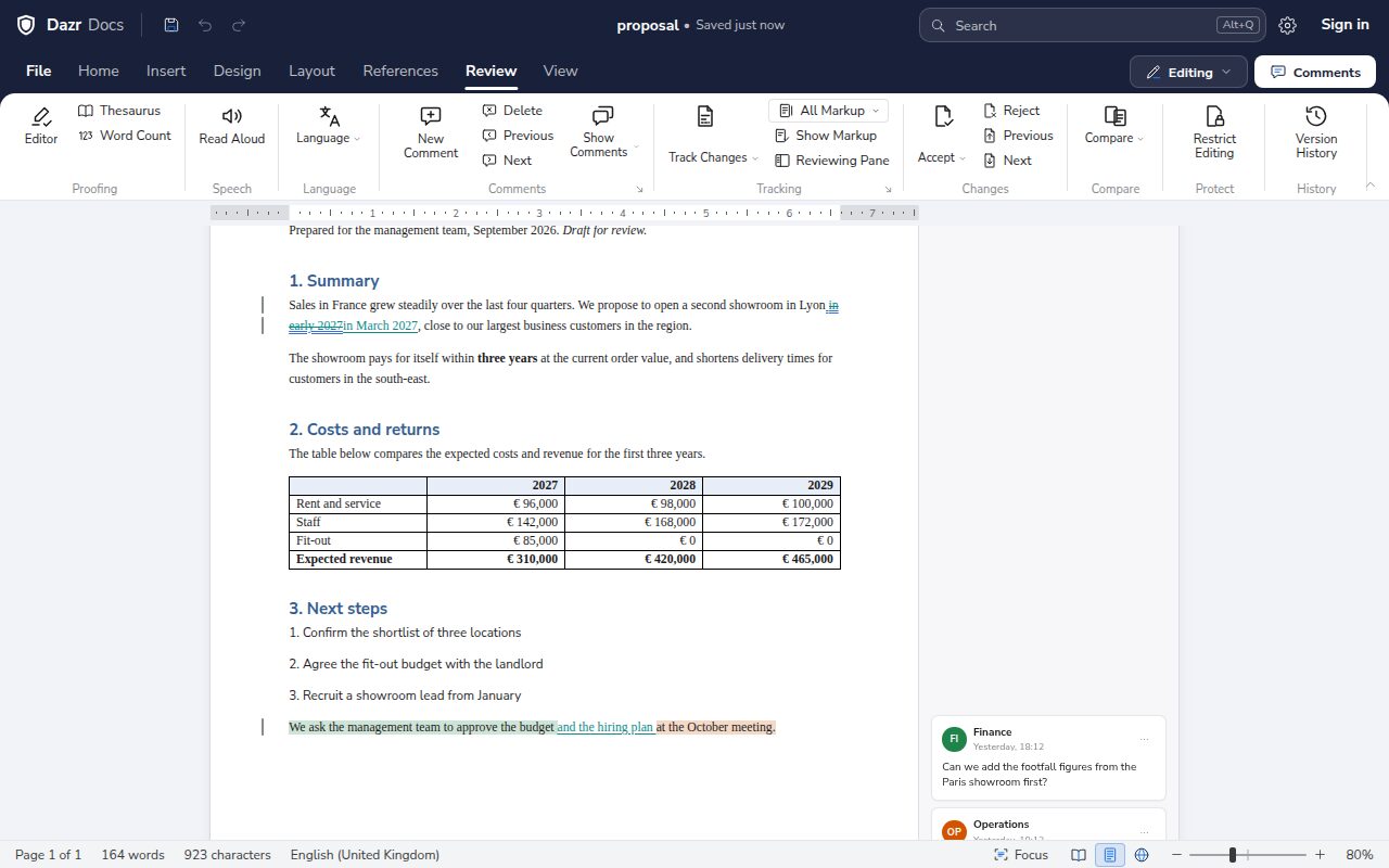 A proposal in Dazr Docs with All Markup on: a tracked change in the summary and two comments in the margin