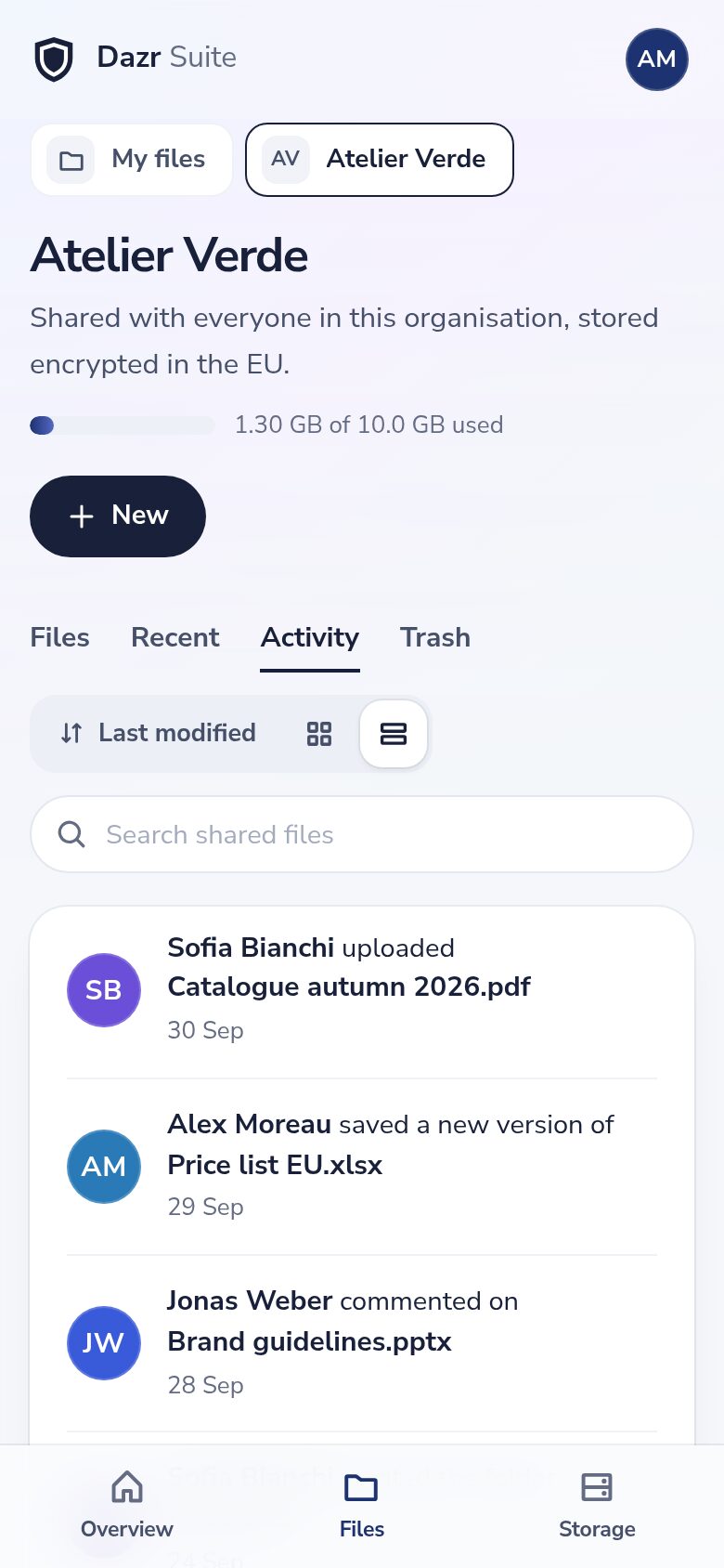 Dazr Files on a phone: the activity of an organisation’s shared space
