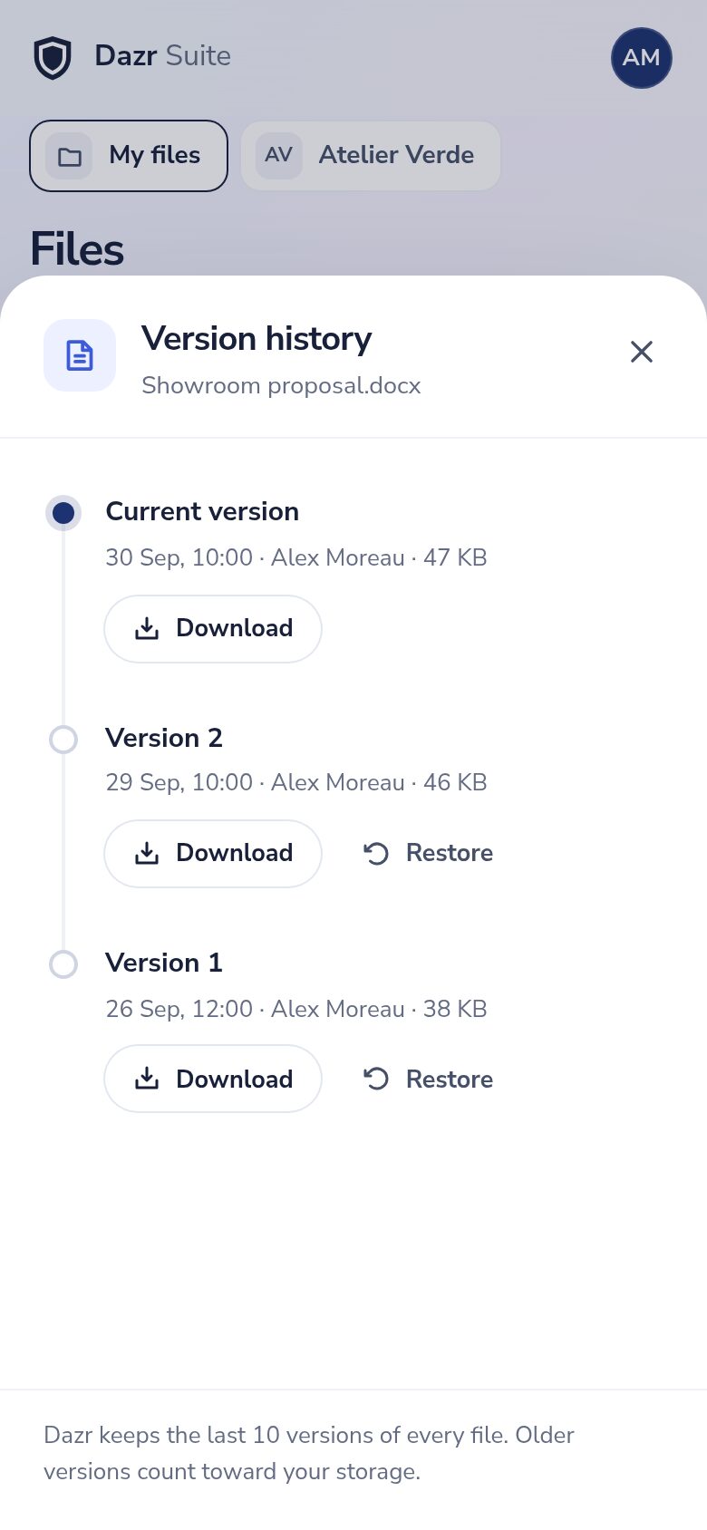 Dazr Files on a phone: the version history of a document