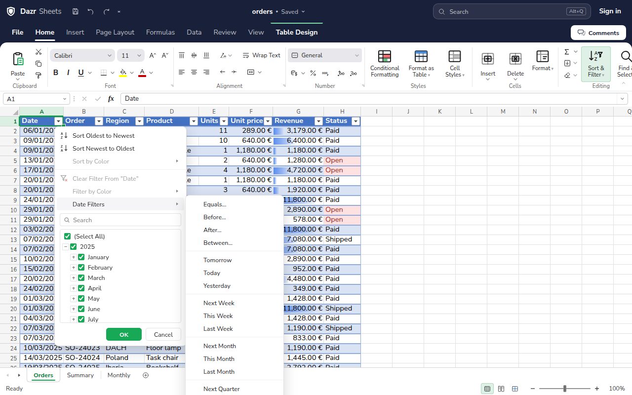 The filter menu of the Date column: dates grouped by year and month, and the Date Filters list with Before, After, This Month and more