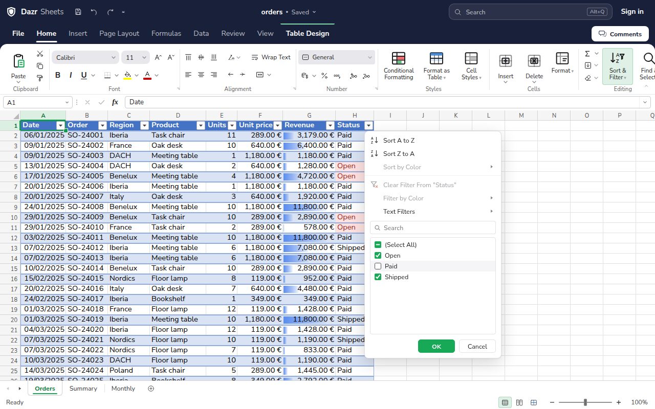 The filter menu of the Status column with a search box and the values Open, Paid and Shipped