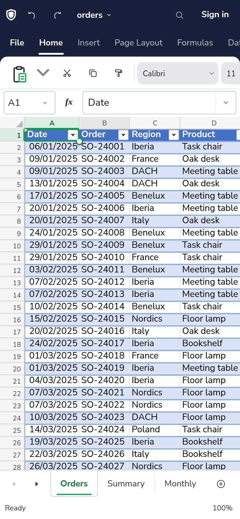 Dazr Sheets on a phone: the orders table