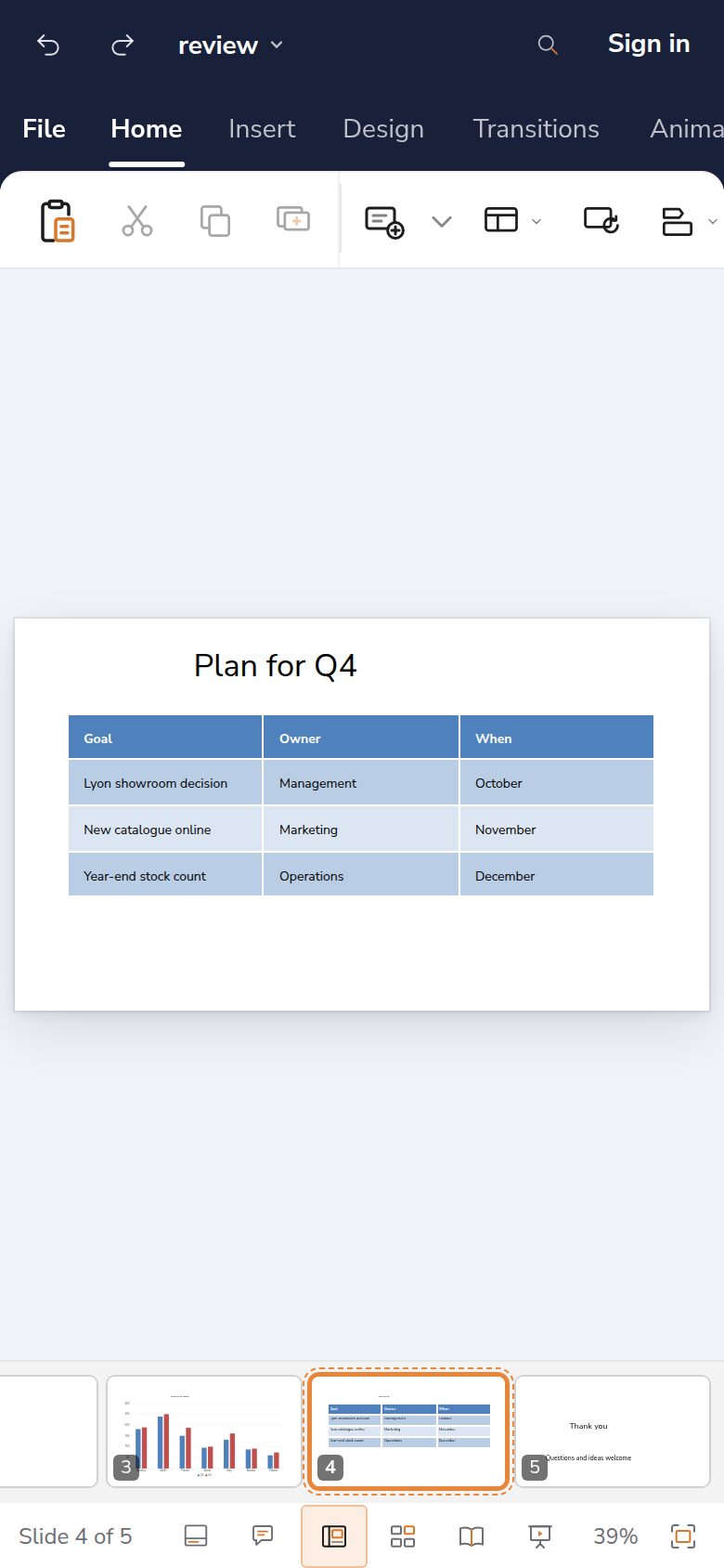 Dazr Slides on a phone: a slide with a table
