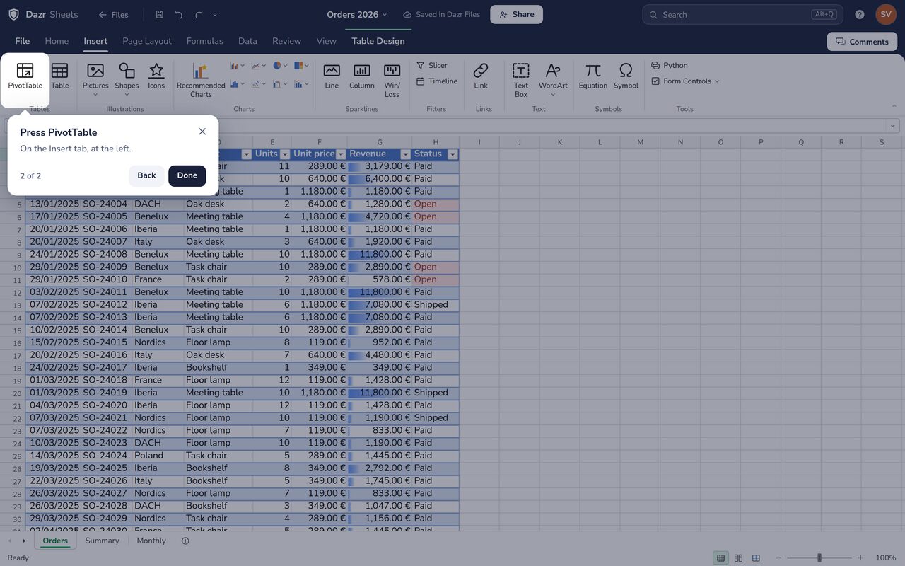 A guided tour in Dazr Sheets: PivotTable is lit up on the Insert tab, with a card beside it